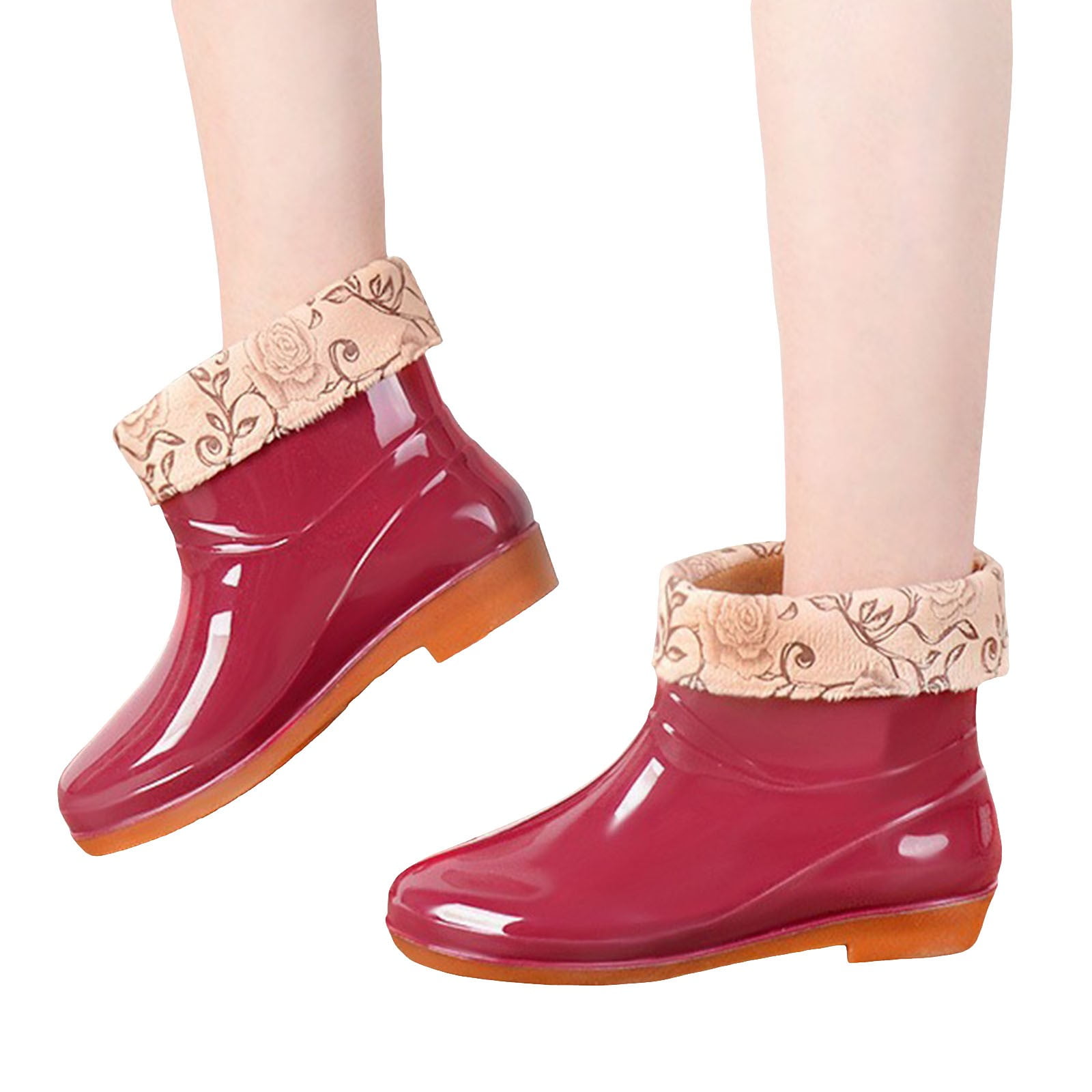 Winter Short Rain Boots for Women with Lined Floral Waterproof Rubber Outdoor Garden Ankle Booties Shoes