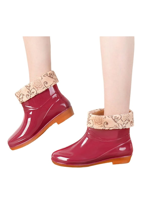 Winter Short Rain Boots for Women with Lined Floral Waterproof Rubber Outdoor Garden Ankle Booties Shoes