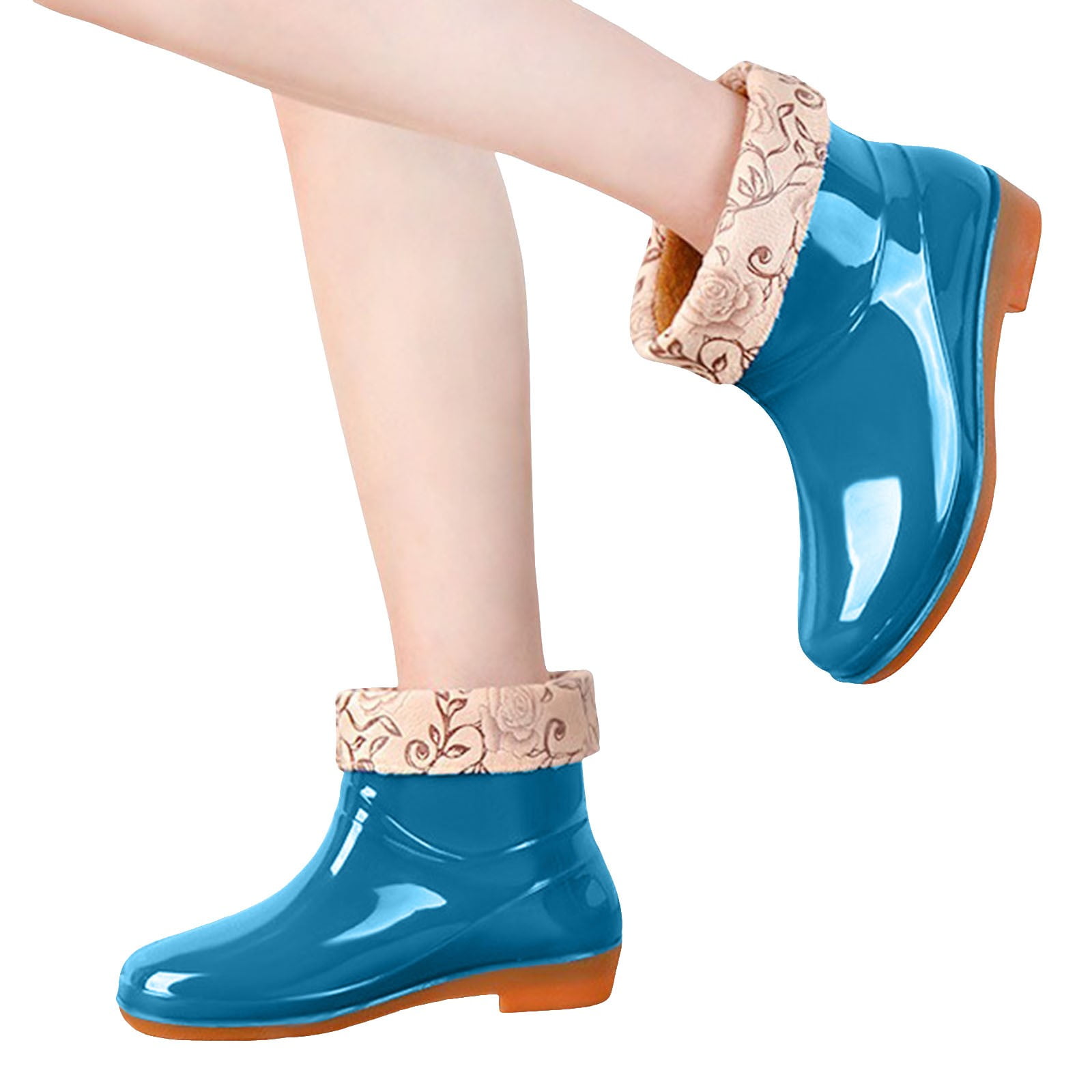 Winter Short Rain Boots for Women with Lined Floral Waterproof Rubber Outdoor Garden Ankle Booties Shoes