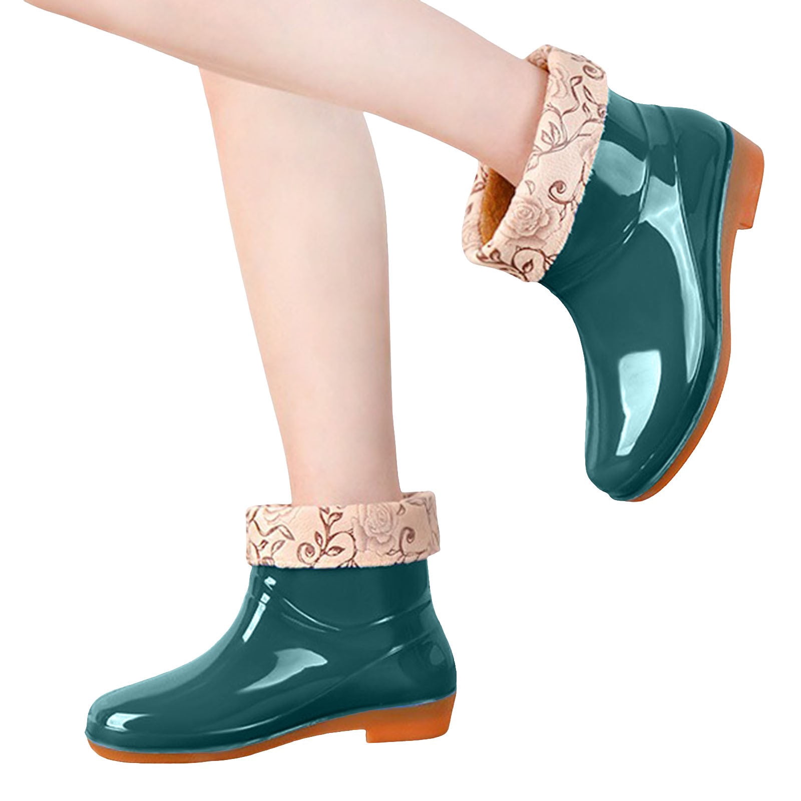 Winter Short Rain Boots for Women with Lined Floral Waterproof Rubber Outdoor Garden Ankle Booties Shoes