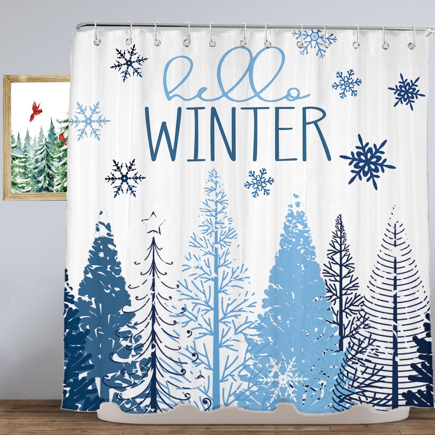 Winter Shower Curtain, 72"X72" Christmas Tree Shower Curtain, Blue Christmas Snowflake Shower Curtain with Hooks, Christmas Bathroom Decor, Waterproof Washable Polyester Holiday Xmas Bathroom Set