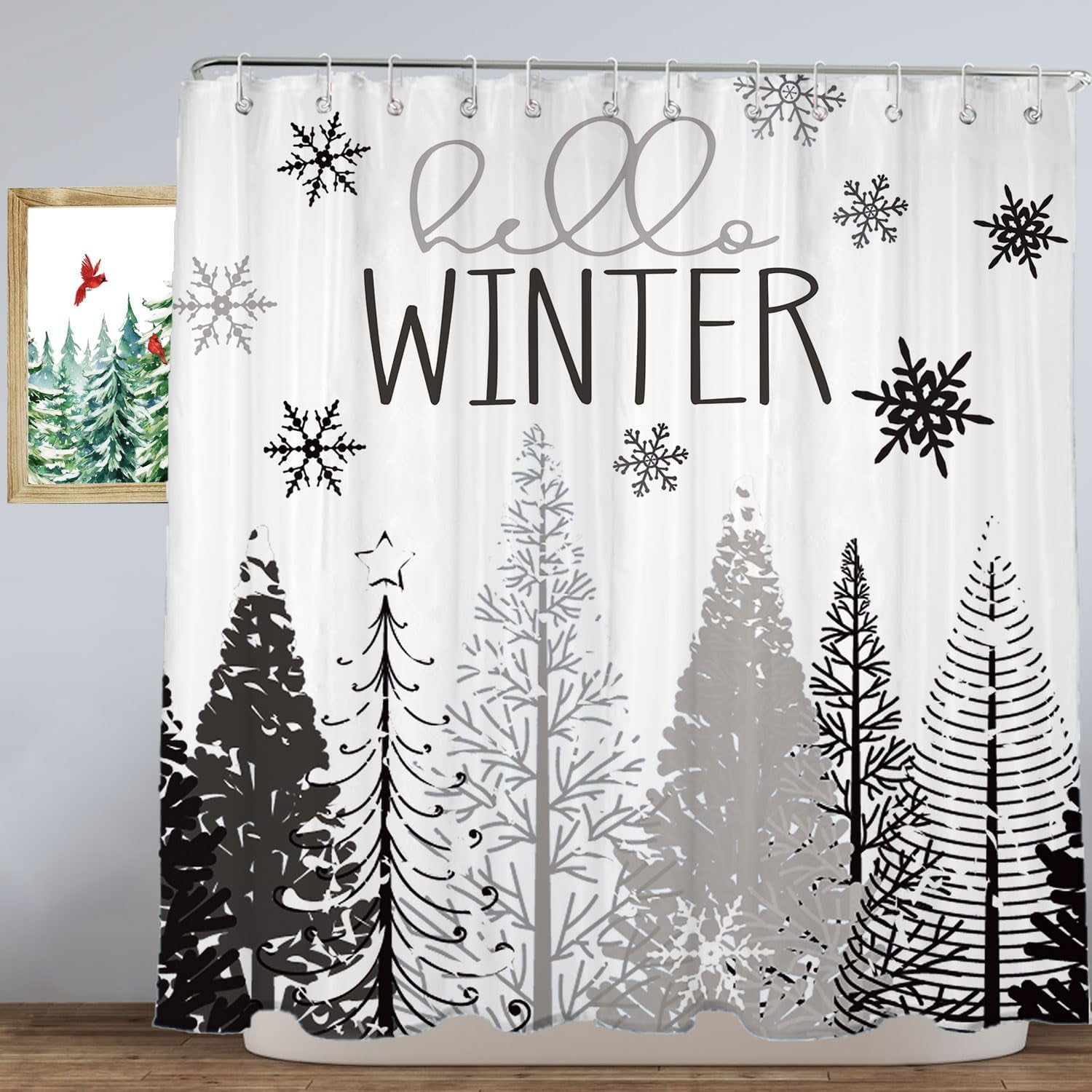 Winter Shower Curtain, 72"X72" Snowflake Shower Curtain, Grey Christmas Shower Curtain Fabric with Hooks, Farmhouse Christmas Tree Bathroom Decor, Holiday Xmas Bathroom Set