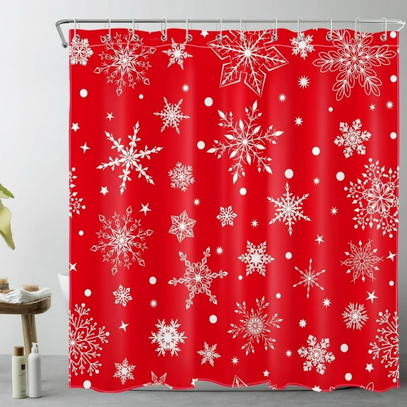 Winter Shower Curtain for Bathroom, Christmas Snowflake Pattern on Red Fabric Shower Curtain with Hooks, New Year Winter Holiday Bathroom Curtain Shower Set, 72" W x 72" L