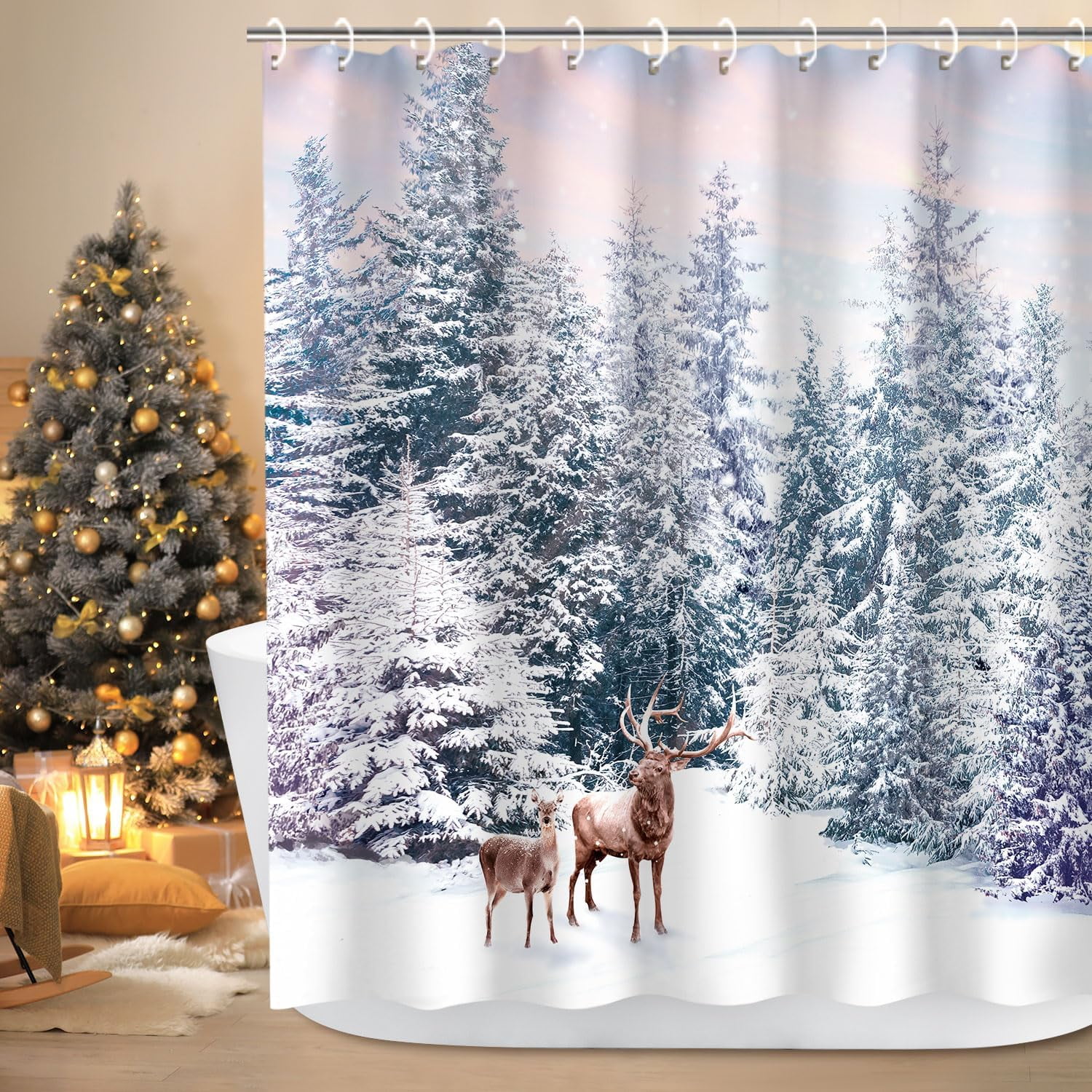 Winter Shower Curtain for Bathroom Christmas Tree Shower Curtains ...