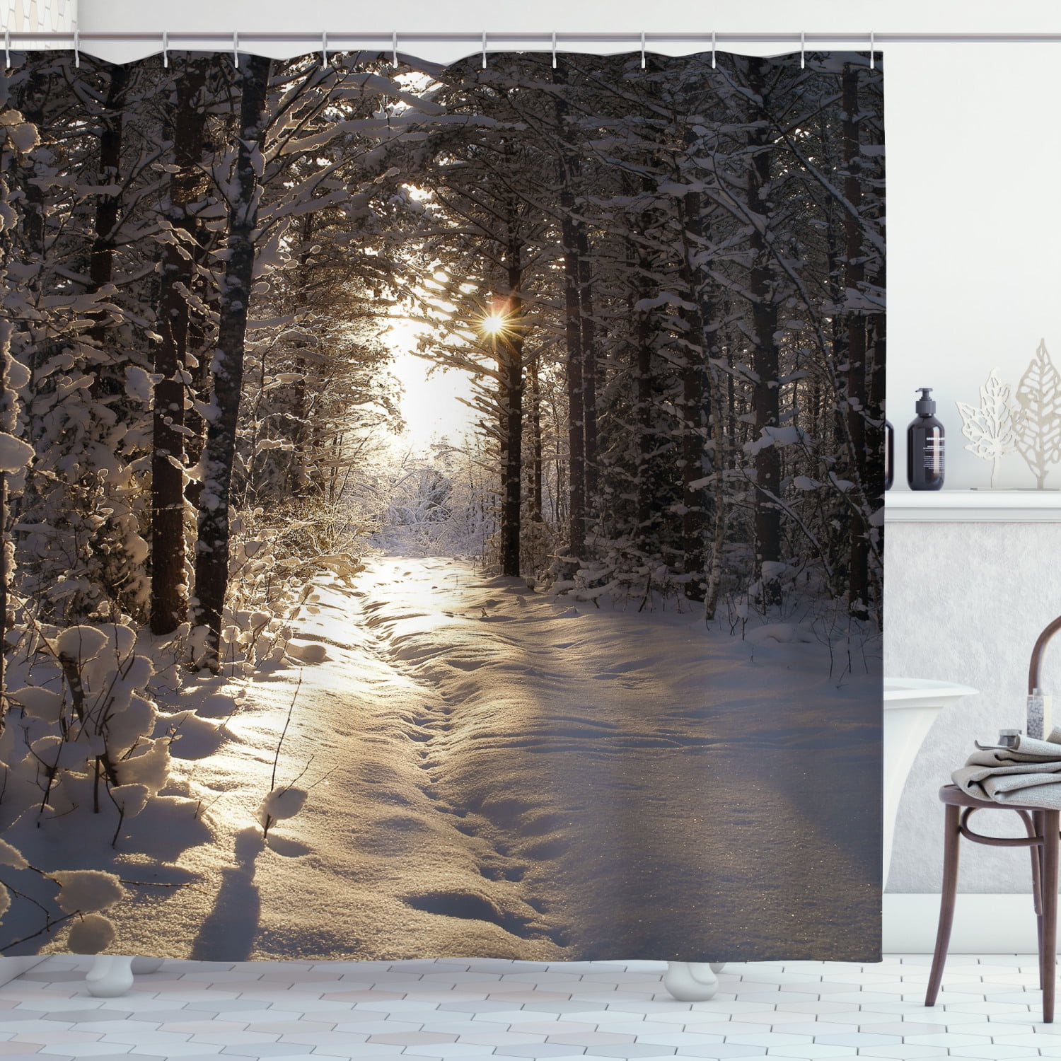 Winter Shower Curtain, Christmas Season with Snow and Frozen Forest Sun Rays Very Cold Woods Scenery, Fabric Bathroom Set with Hooks, 69W X 70L Inches, Brown Pale Yellow, by Ambesonne