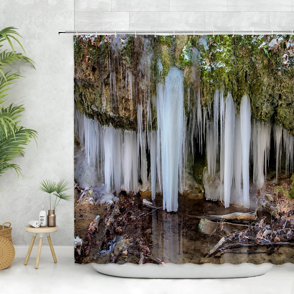 Winter Shower Curtain Forest Wooden House White Snow Mountain Scenery