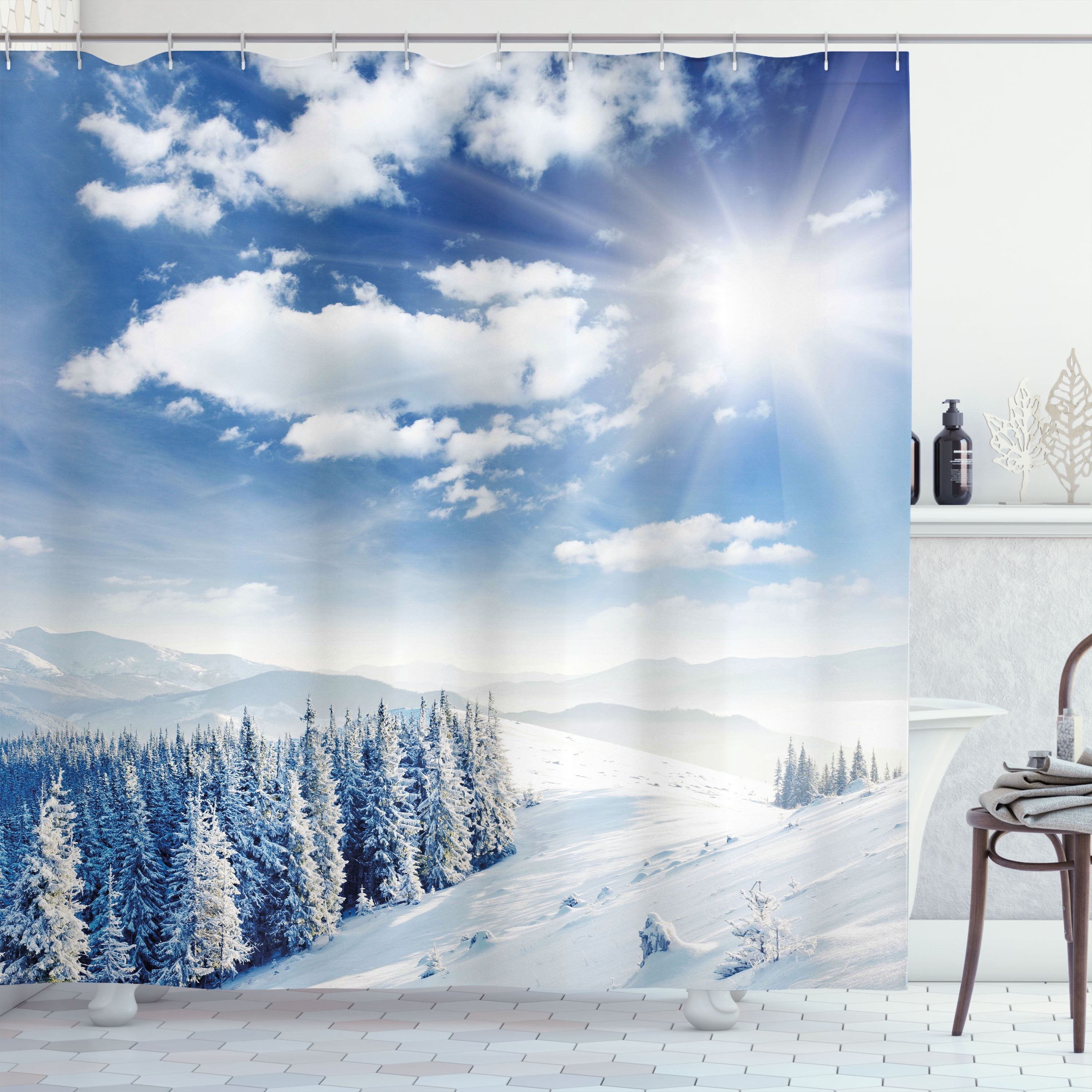 Winter Shower Curtain, Idyllic Snow Covered Mountain Forest Frozen Icy