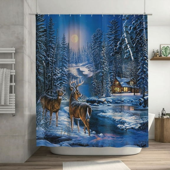 Winter Shower Curtain, Purple Christmas Forest Mountain Scenery Snow Covered Tree Seasonal Shower Curtain, Waterproof Polyester Fabric 60x72in