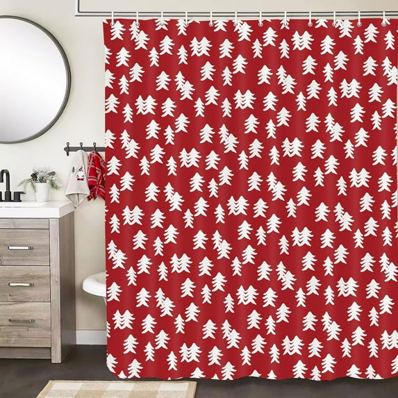 Winter Shower Curtain Red Christmas Tree Winter Snow Forest Bathroom Decor Pine Tree Bath Curtain Winter Nature Scene Xmas Holiday Hooks Included 72X72IN