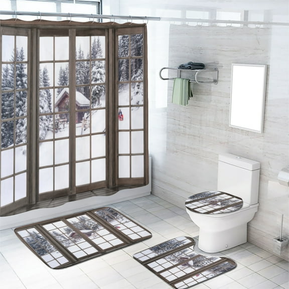 Winter Shower Curtain Set Snow Scenery Snowflake World Village Forest Tree Pine Landscape Bathroom Sets Decor with Non-Slip Rug Toilet Lid Cover Bath Mat and 12 Hooks, 72x72 Inch