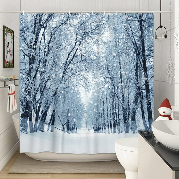 Winter Shower Curtain, Snow Covered Forest Early Morning Scenery Seasonal Xmas Nature Christmas Bathroom Decor Polyester Fabric Black White Slate Blue Cloth Shower Curtain , 69" W x 70" L