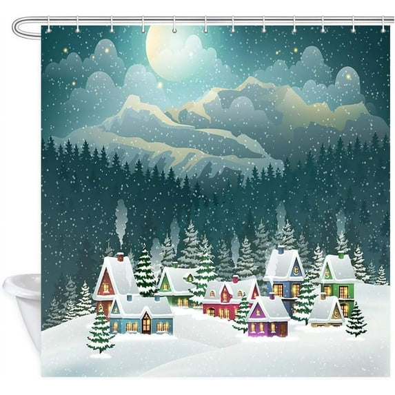 Winter Shower Curtain, Snow Covered Village Town Pine Forest Mountain Landscape, Rustic Farmhouse Christmas Bathroom Decor Fabric Shower Curtains Set with 12 Hooks, 69x70 Inches