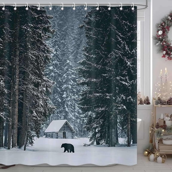 Winter Shower Curtain Snow Forest Woodland Bear Rustic Farmhouse Wildlife Cabin Nature Scenery Waterproof Polyester Fabric Christmas Bathroom Curtains 72x72 Inch