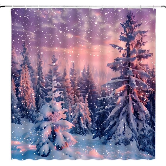 Winter Shower Curtain Snowy Forest Sunset Pine Tree Snow Holiday Scenery Fabric Bathroom Decor Curtains with Hooks-72"W x 72"L (Pack of 1)