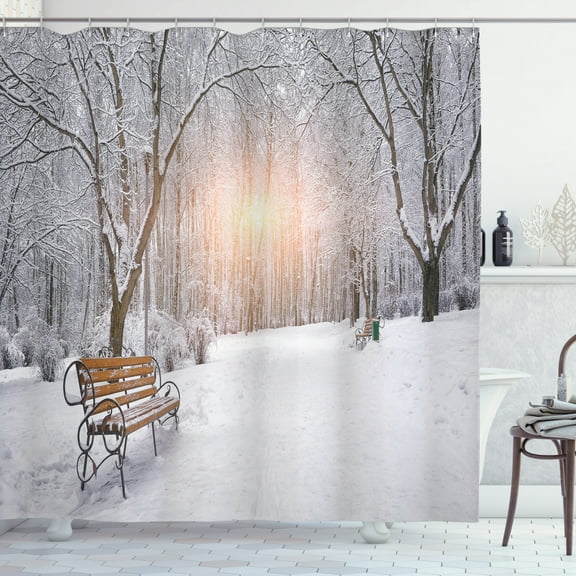 Winter Shower Curtain, Snowy Leafless Trees and Benches in the City Park Sunset Woodland Outdoors, Fabric Bathroom Set with Hooks, 69W X 84L Inches Extra Long, Umber White Orange, by Ambesonne
