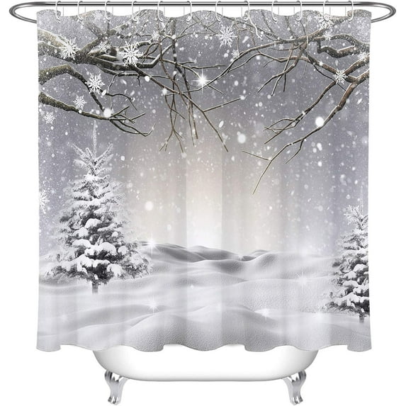 Winter Shower Curtains for Bathroom,Snowflake Pine Tree Branch Snow Scene Shower Curtain Set with 12 Hooks,72x84 inch Extra Long Polyester Fabric Waterproof