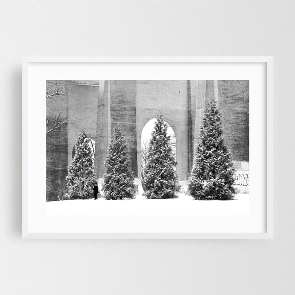 Winter Silence - Queens New York Photography Winter Black and White Snow Bridge Architecture Nature Graffiti White Framed Wall Art Print 5 x 7 inches