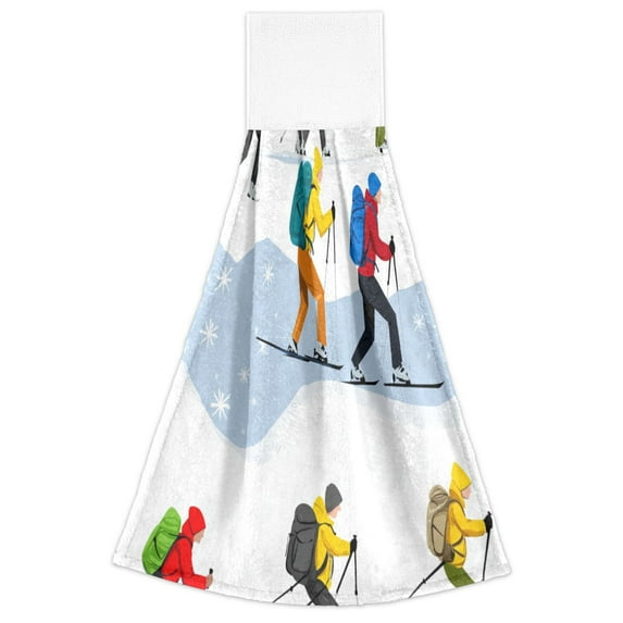 Winter Ski Adventure 2 Pack 14''x18'' Hand Towels Soft Coral Fleece Quick Dry Hook and Loop for Kitchen Bathroom