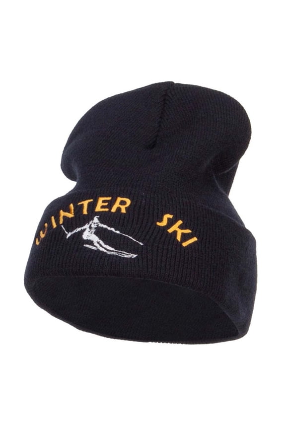 Winter Ski Embroidered Long Beanie - Navy OSFM