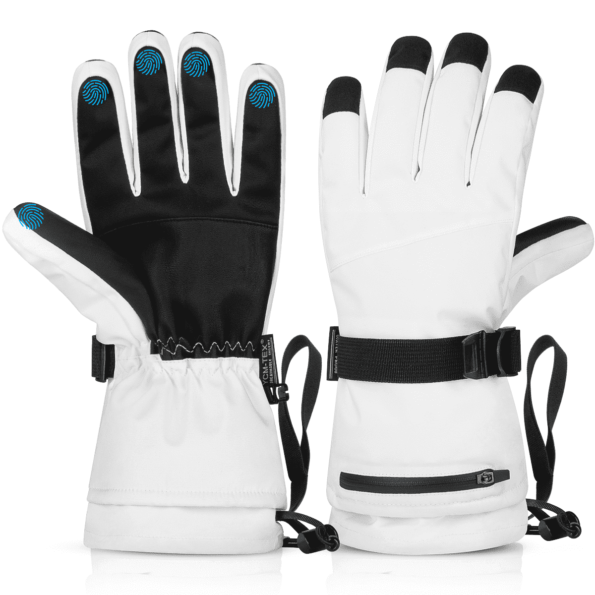 Winter Ski Gloves Warm for Men & Women, Touchscreen Snowboard Gloves with Pocket, Waterproof Snow Gloves for Cold Weather, Suitable for Driving/Cycling/Running/Hiking, White,L