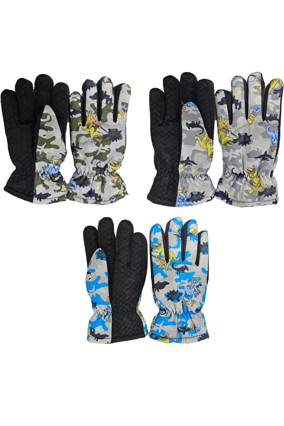 Dinosaur Print Kid Winter Ski Gloves, Faux Fur Lined, Waterproof Outdoor Activities, 3-Pack