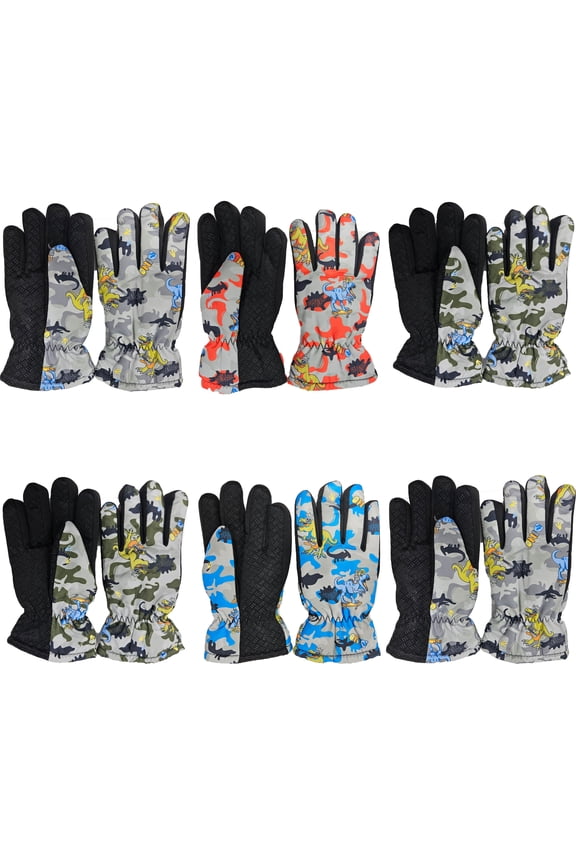 Dinosaur Print Kid Winter Ski Gloves, Faux Fur Lined, Waterproof Outdoor Activities, 6-Pack