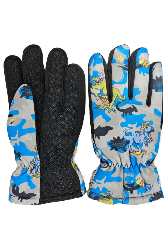Dinosaur Print Kid Winter Ski Gloves, Faux Fur Lined, Waterproof Outdoor Activities, Blue