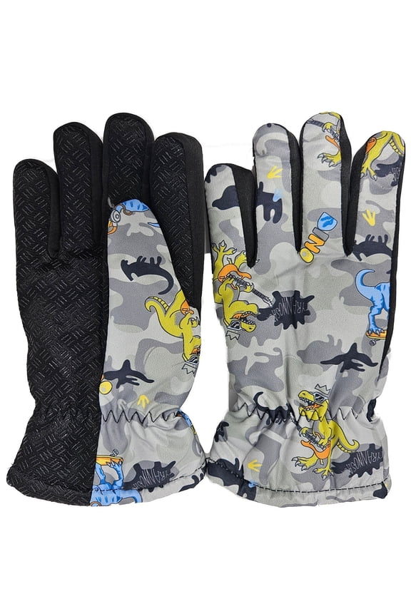 Dinosaur Print Kid Winter Ski Gloves, Faux Fur Lined, Waterproof Outdoor Activities, Gray