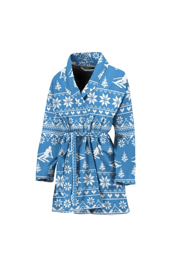 Winter Ski Knitting Pattern Women Bathrobe One Size Univeral Fits, Skiiing Fashion Lightweight Plush Fleece Long Robe For Women
