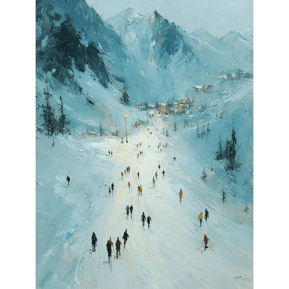 Winter Ski Mountain Canvas Wall Art, Abstract Forest Sports Print, Modern Textured Home Wall Decor