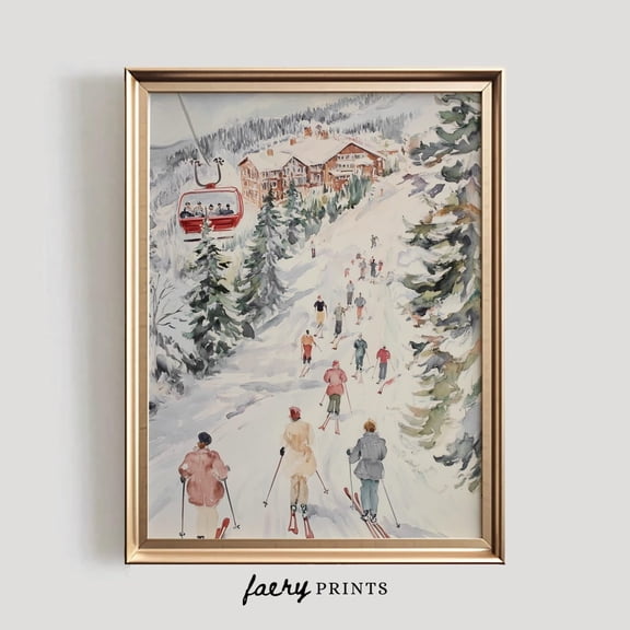 Winter Ski Print Wall Art Vintage Style Home Decor Rustic Cottage Art Ski Hill Chalet Art #1067 Housewarming Present Ideas UNF