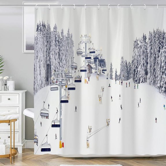 Winter Ski Resort Shower Curtain Snowy Mountain Pine Trees Lift Fabric Bath Curtain for Bathroom 71x71 inches