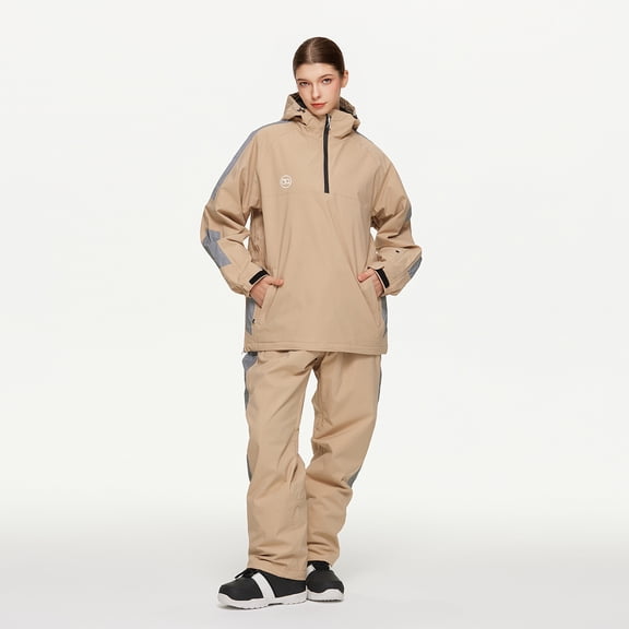 Winter Ski Sets For Women Hooded Half Zip Stand Collar Tops Straight Leg Pants Waterproof Windproof 2 Piece Suit (XL, Khaki)