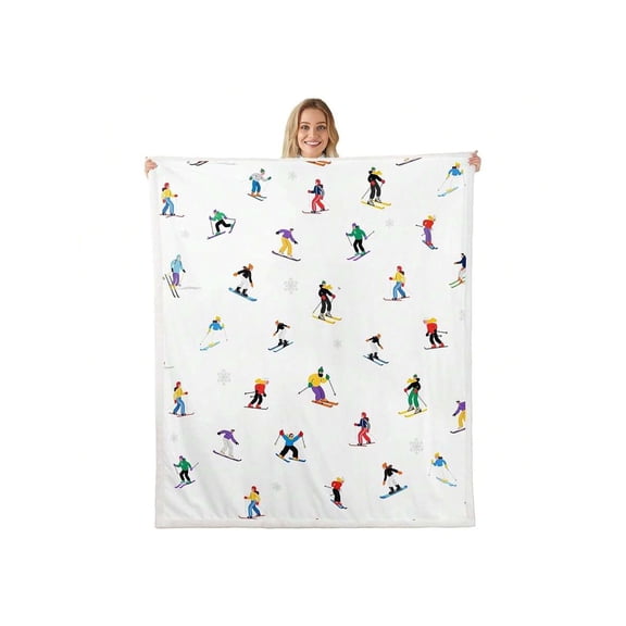 Winter Ski Sports Throw Blanket, Cartoon Skiing Skier Blankets, Snow Extreme Sports Fleece Blanket For Teens Bedroom Decor, Colorful White Sherpa Blanket, For Chair/Sofa, Fun Blanket