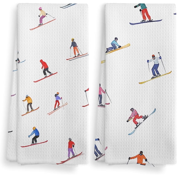 Winter Skiing Kitchen Towels Set of 2, 16x24 Inch Printed Skiers Pattern Dish Towels Soft Absorbent Washable Tea Towels for Ski Lovers