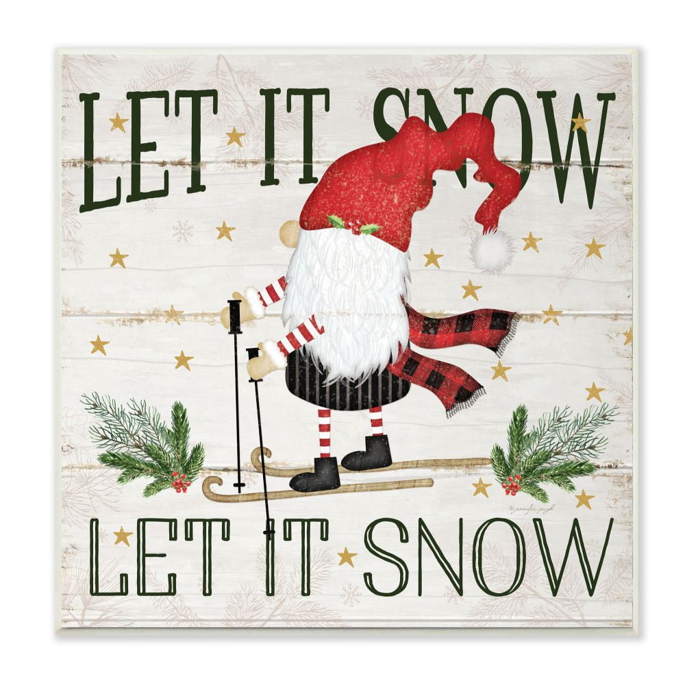 Winter Skiing Gnome with Let it Snow Phrase 12.00 in x 12.00 in Framed Painting Art Prints, by Stupell Home Décor