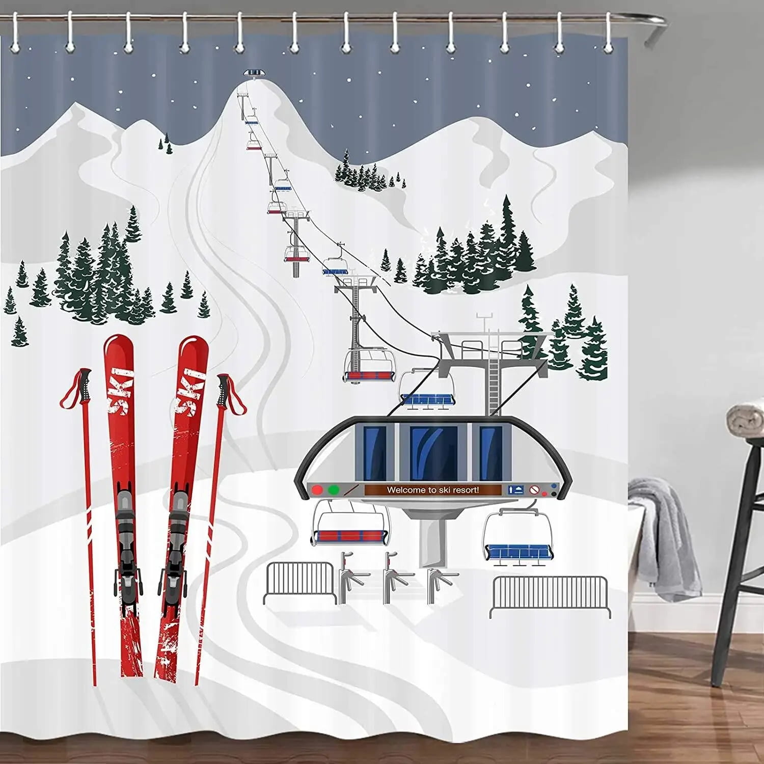 Winter Skiing Shower Curtain Set Modern Ski Station Snow Mountain Pine