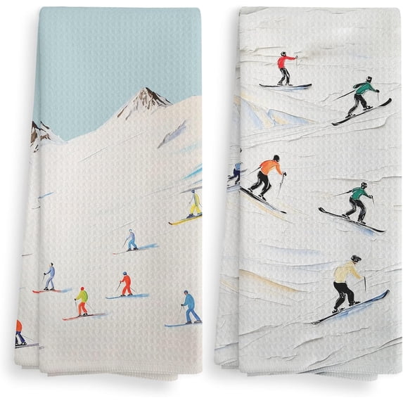 Winter Skiing Skier Kitchen Towels and Dishcloths Set of 2, Ski Skiing Gifts for Skiers, Ski Christmas Ornaments Decor, Winter Drying Cloth Hand Towels Tea Towels for Bathroom Kitchen, 16×24Inch