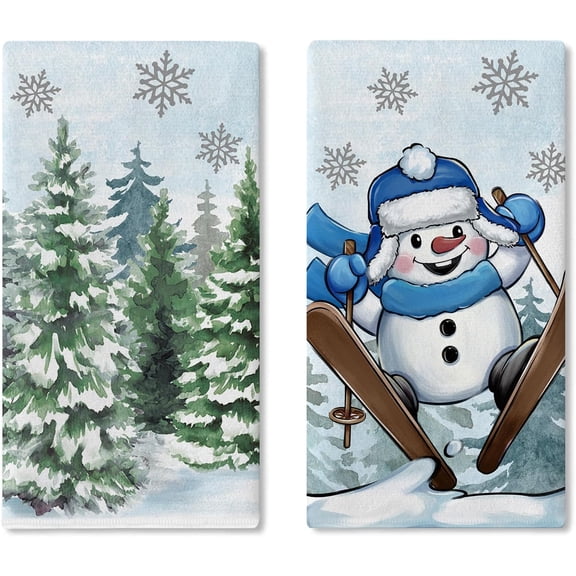 Winter Skiing Snowman Kitchen Dish Towels Set of 2, Snowy Pine Tree Forest Drying Hand Towel Baking Cooking Cloth, Farmhouse Christmas Snowflake Bathroom Home Decoration 18'''' x 26''''