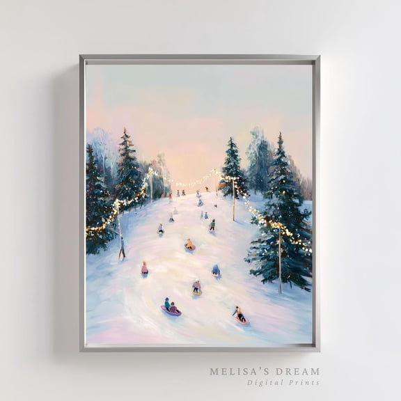 Winter Sledding Scene Art Snowy Landscape Hill Decoration Unframed Paper Print