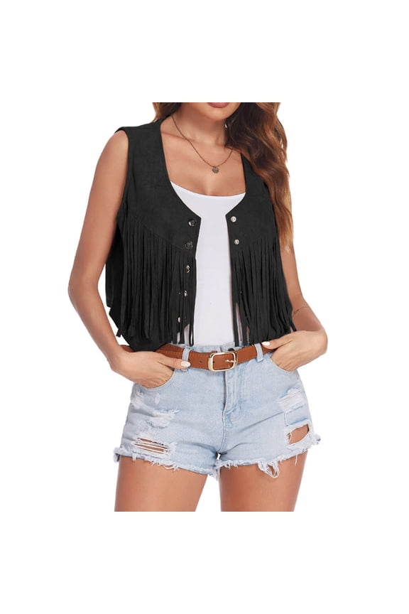 Winter Sleeveless Jean Denim Jacket for Women Black Fringe Vest Faux Suede Open-Front Vintage 70s Hippie Clothes Boho Western