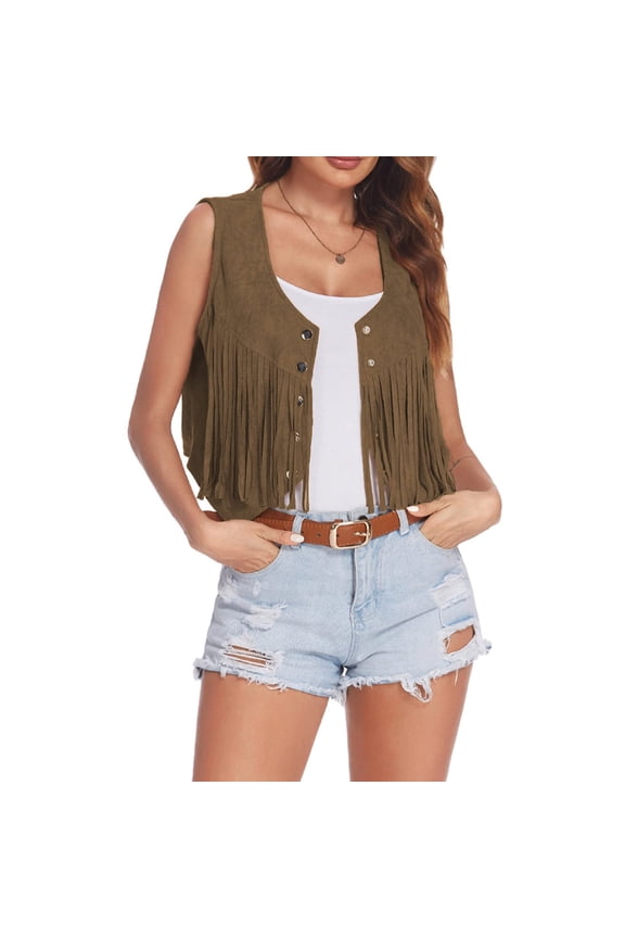 Winter Sleeveless Jean Denim Jacket for Women Brown Fringe Vest Faux Suede Open-Front Vintage 70s Hippie Clothes Boho Western