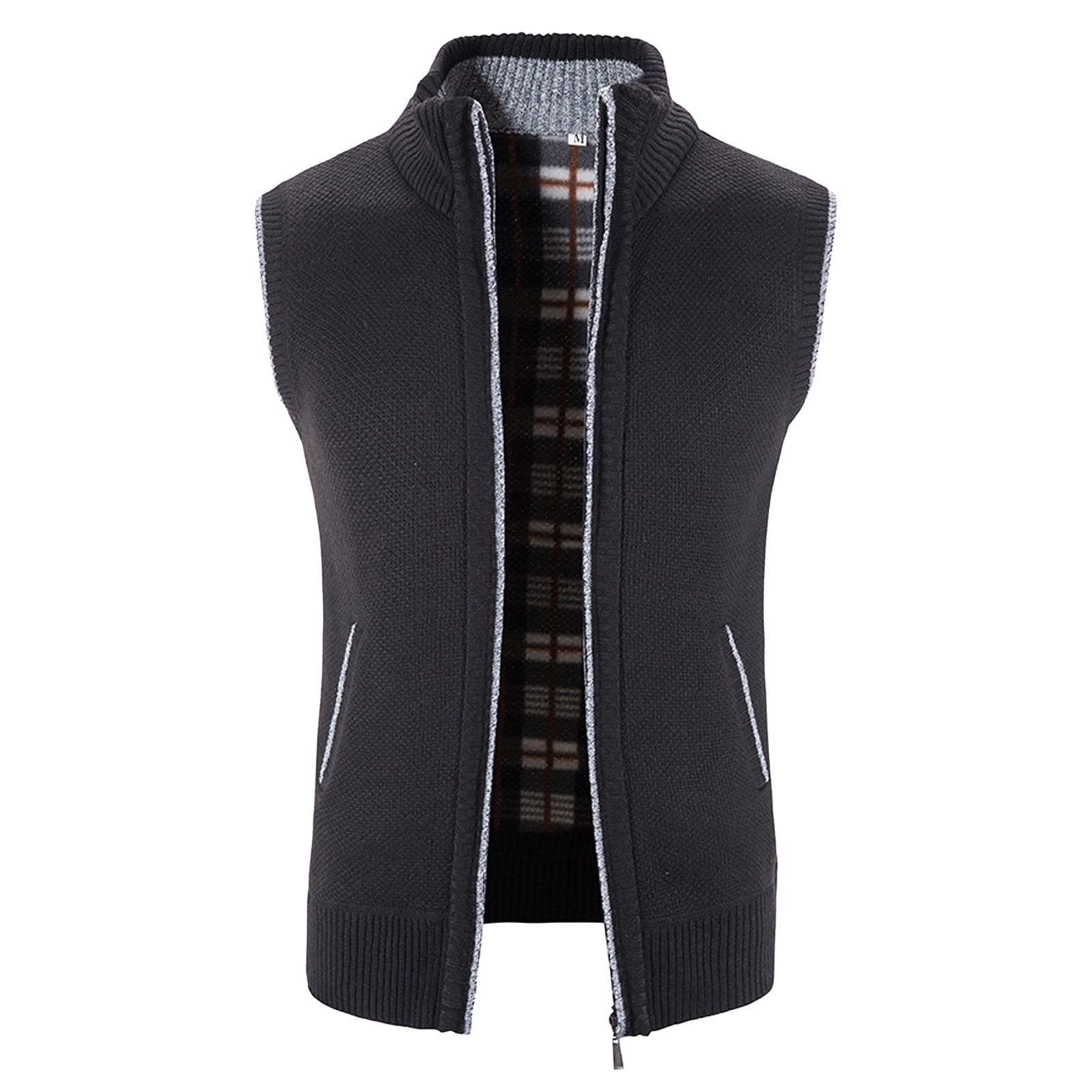 Winter Sleeveless Plaid Vests for Men Black Men's Casual Vest Zipper ...