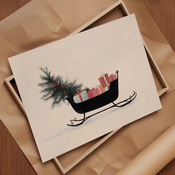 Winter Sleigh Print, Vintage Winter Wall Art, Decor, Winter Wall Art, Horizontal Festive Wall Art, Wall Art Home Decor #16, Unframed Canvas Size 16x24