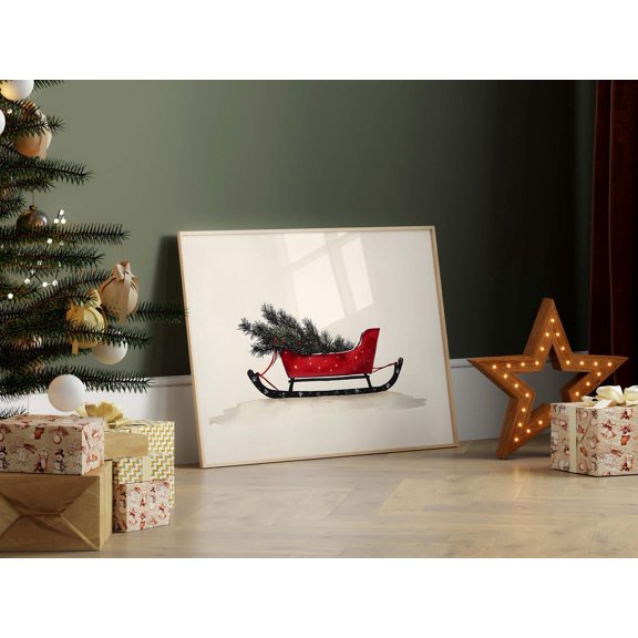 Winter Sleigh Print, Vintage Winter Wall Art, Decor, Winter Wall Art, Horizontal Festive Wall Art, Wall Art Home Decor #276, Stretched Canvas Size 8x12