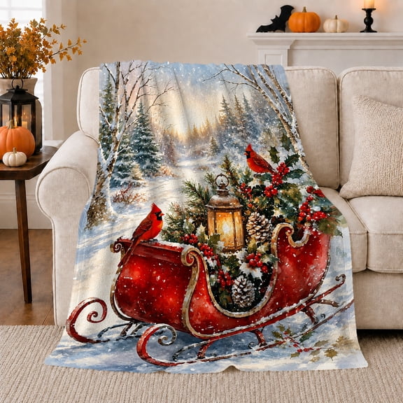 Winter Sleigh Scene Cardinals Lantern, Festive Holiday Scene, Warm Flannel Blanket for Cabin and Lodge with Detailed Artwork, Art Lovers Christmas Gift, Festive Home Decor
