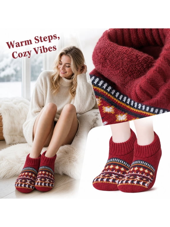 Winter Slipper Socks Fleece Lined Thick Warm Floor Socks Non Slip Indoor House Socks Knit Ankle Cabin Socks Cozy Thermal Bed Socks Soft Plush Gripper Sock For Women Men Cold Weather Home Lounge Wear