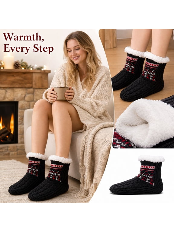 Winter Slipper Socks With Fleece Lining Thick Warm Indoor Floor Socks Non Slip Knit House Socks For Men Women Cozy Bed Socks Soft Plush Thermal Sock Gripper Bottom Loungewear Holiday Gift (Black)