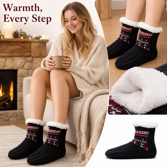Winter Slipper Socks With Fleece Lining Thick Warm Indoor Floor Socks Non Slip Knit House Socks For Men Women Cozy Thermal Bed Socks Soft Plush Lined Gripper Bottom Sleep Socks Cold Weather Footwear