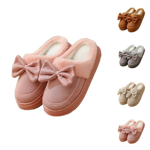 Winter Slippers for Women 2025 Cute Bow Fleece Lined Fuzzy Warm Cozy Slip On Slippers Indoor Platform House Shoes